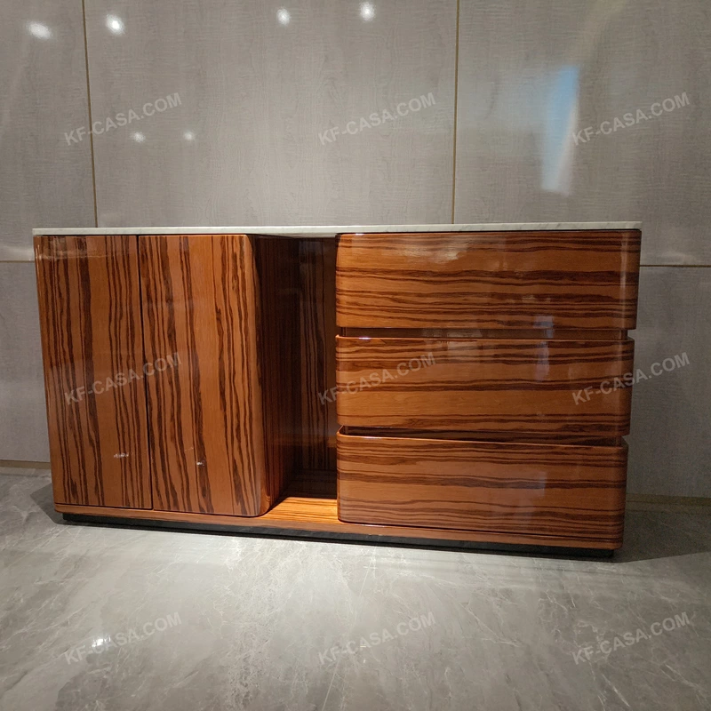 Contemporary High-Gloss Natural Wood Veneer Sideboard with White Marble Top, Double-Door Storage and Three Wide Drawers